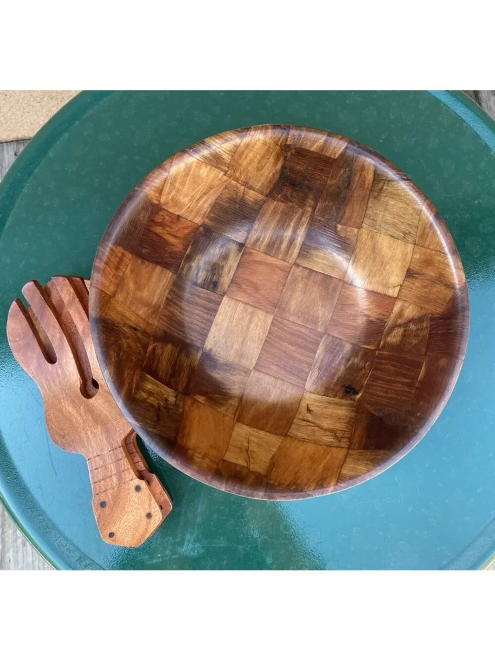 Wood Parquet Salad Fruit Bowl Wood Hand Salad Servers MCM